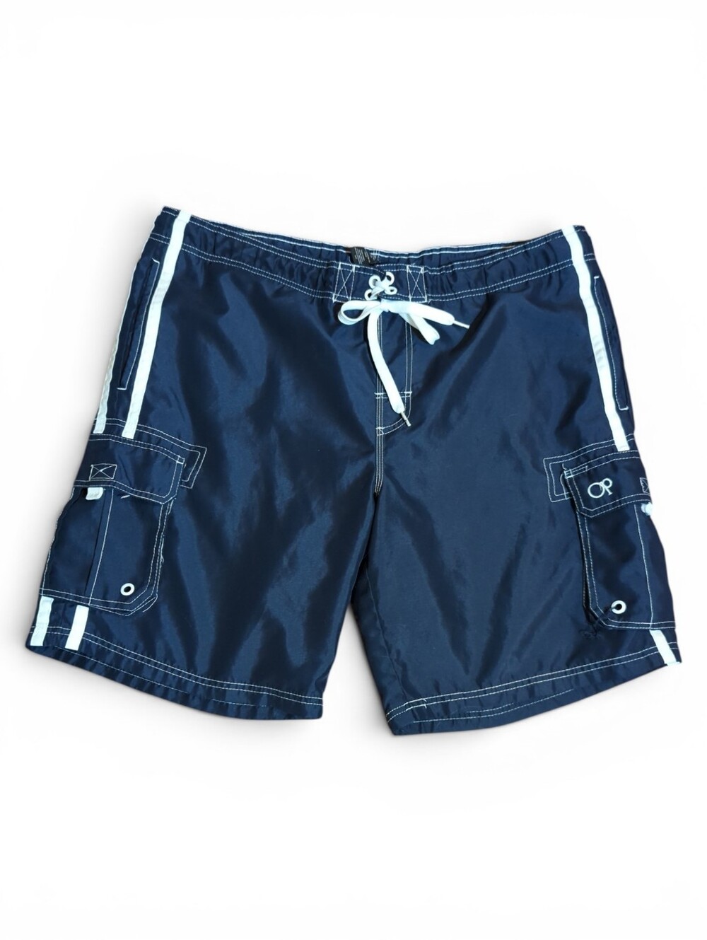 Vtg 90s OP Ocean Pacific Navy Blue Swim Board Shorts Cargo Pockets Beachy Sz L